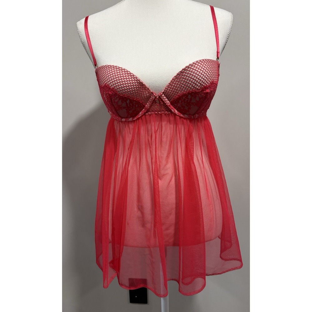 Victoria Secret Lingerie Babydoll‎ 34C Red Push Up Lace Sheer Underwire